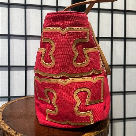 Tory Burch Large Red and Camel Brooke Canvas Tote | EUC | Striped Fabric Lining - Picture 2 of 11